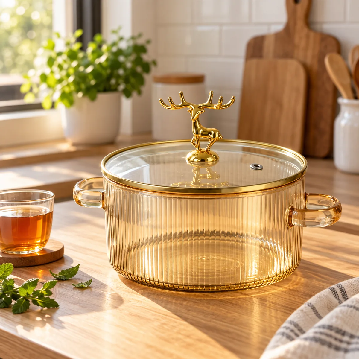 1.6L Borosilicate Ribbed Glass Bowl with Golden Deer Lid