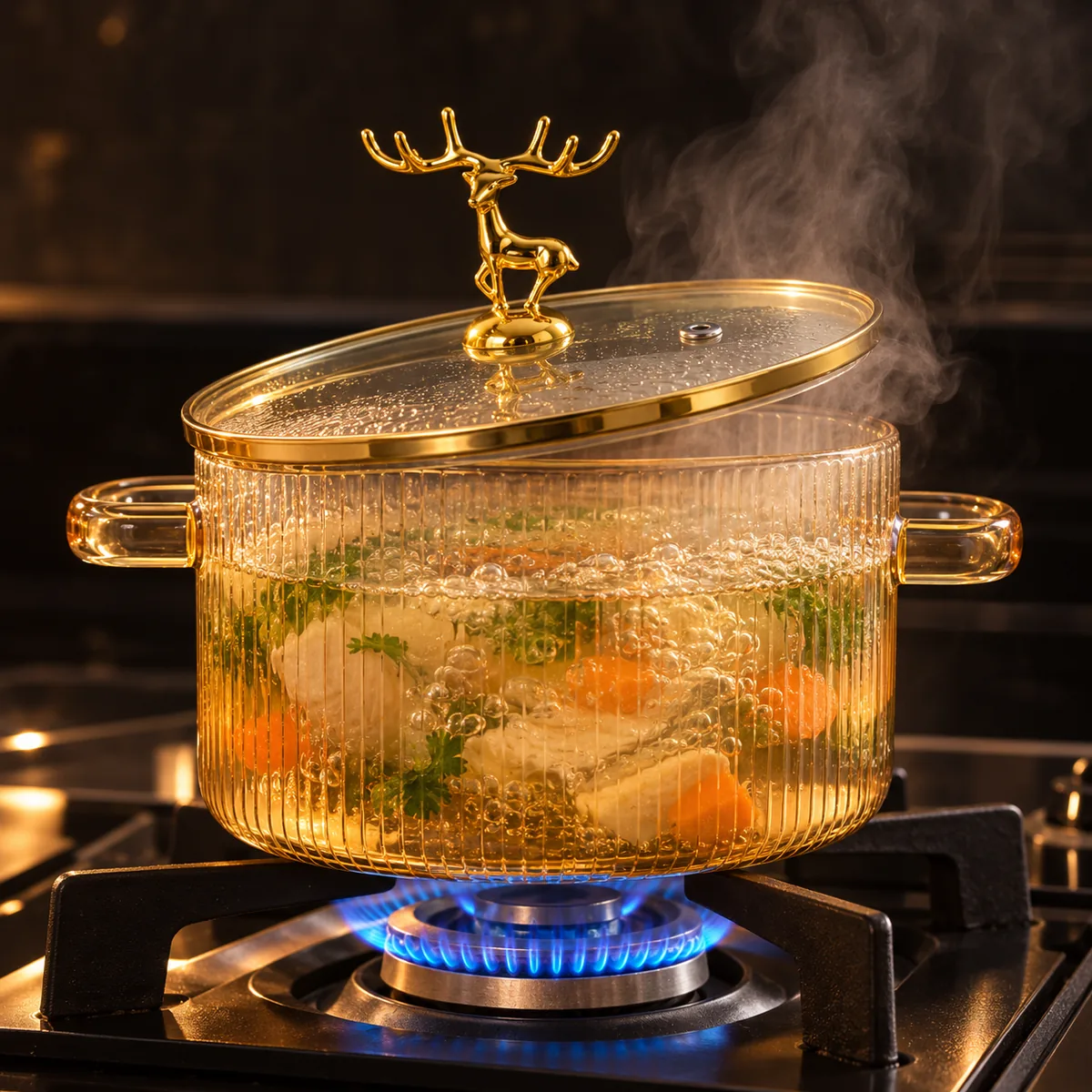1.6L Borosilicate Ribbed Glass Bowl with Golden Deer Lid - view 3