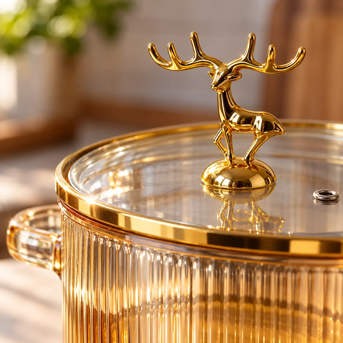 1.6L Borosilicate Ribbed Glass Bowl with Golden Deer Lid - view 4