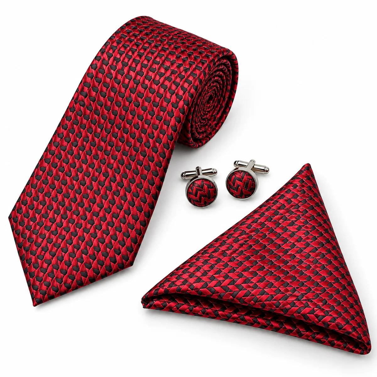 Men's Premium Necktie, Pocket Square & Cufflinks Gift Set - Red
