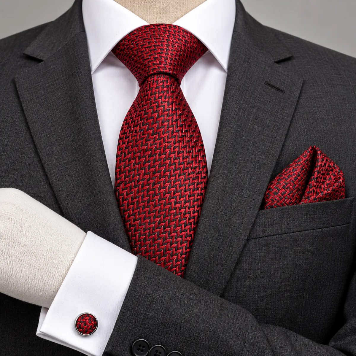 Men's Premium Necktie, Pocket Square & Cufflinks Gift Set - Red - view 4